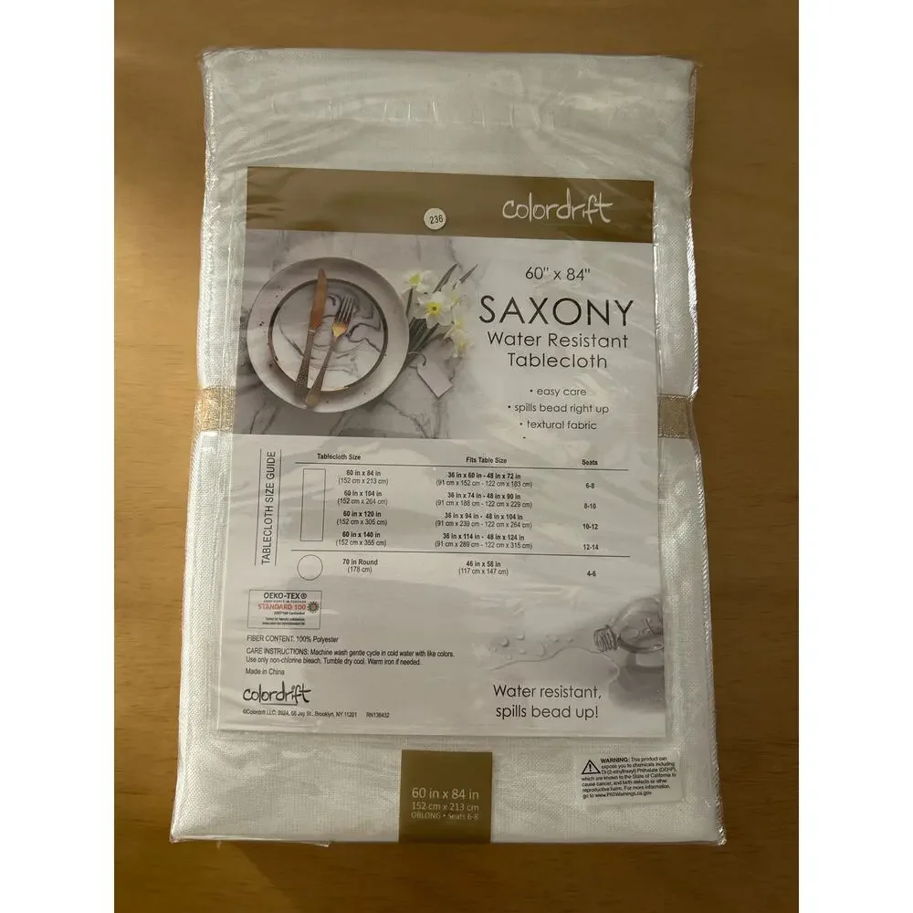 New Colordrift Saxony Water 💦 Resistant Oblong Tablecloth Cream size 60”x84”